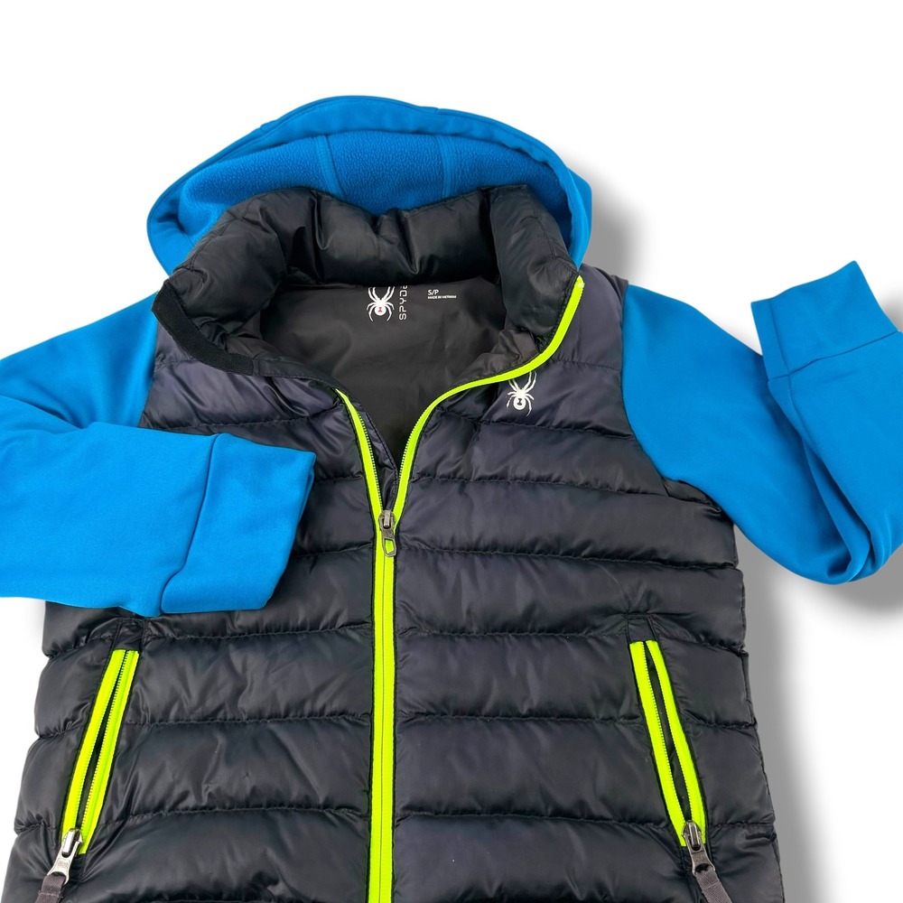 Spyder Kids S P Hybrid Puffer Jacket Grey Blue Neon Yellow Hooded Full Zip Coat